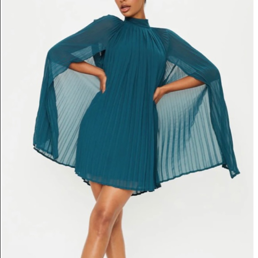 High Neck Shift Dress Pleated